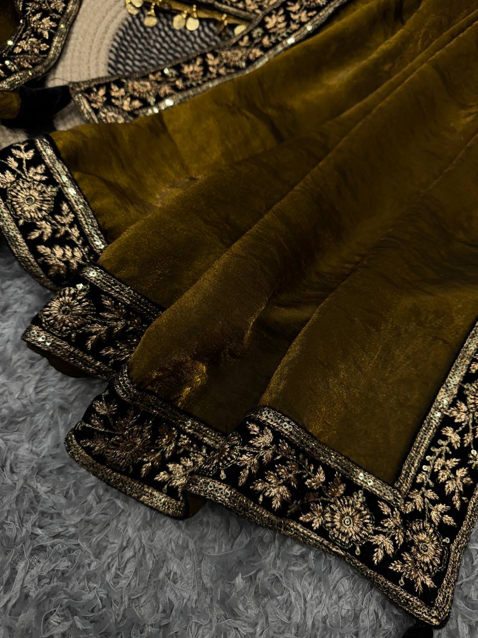 Women's Luxe Olive-Gold Silk Saree with Heavily Embellished Blouse & Border – Ideal for Evening, Wedding & Reception Wear - Image 7